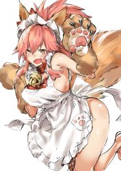 Rule 34 | 1girl, animal ears, animal hands, apron, arched back, bare shoulders, bell, blush, bow, breasts, cat paws, claw pose, collar, commentary request, eyebrows, fang, fate/grand order, fate (series), fox ears, fox girl, fox tail, frilled apron, frills, hair bow, highres, hip focus, large breasts, leg up, long hair, looking at viewer, maid headdress, naked apron, neck bell, one eye closed, open mouth, paw print, pink hair, ponytail, red bow, sash, shiny skin, sideboob, sidelocks, simple background, smile, solo, tail, tamamo (fate), tamamo cat (fate), tamamo cat (third ascension) (fate), tamamo no mae (fate/extra), thighs, white background, yakitomato, yellow eyes