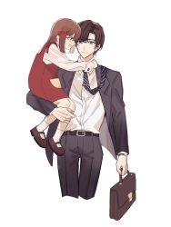 Rule 34 | 1boy, 1girl, :d, artem wing (tears of themis), belt, belt buckle, black jacket, black necktie, black pants, blue eyes, bow, briefcase, brown footwear, brown hair, buckle, buoyancy03, closed mouth, dress, father and daughter, formal, full body, hair bow, highres, holding, holding briefcase, holding person, jacket, long sleeves, medium hair, necktie, open clothes, open jacket, open mouth, pants, pinafore dress, polo shirt, red dress, shirt, shoes, short hair, simple background, sleeveless dress, smile, split mouth, tears of themis, white background, white legwear, white shirt