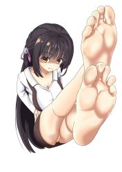 Rule 34 | 1girl, barefoot, black hair, breasts, brown eyes, cafe stella to shinigami no chou, cleavage, feet, feet up, foot focus, highres, long hair, looking at viewer, panties, pantyshot, shaded face, shiki natsume, smile, soles, toes, underwear