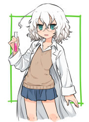 Rule 34 | 1girl, arm at side, blue eyes, blue skirt, brown sweater, coat, collared shirt, commentary request, cropped legs, glasses, hand up, highres, holding, holding test tube, inset border, kagaku chop, lab coat, long sleeves, looking at viewer, medium hair, meis (terameisu), miniskirt, open clothes, open coat, open mouth, outside border, pleated skirt, shirt, simple background, skirt, smile, solo, standing, suzuzono sai, sweater, test tube, wavy hair, white background, white coat, white hair