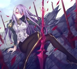 Rule 34 | 1girl, absurdres, brown pantyhose, day, high heels, highres, jacket, long hair, maruchi, open clothes, open jacket, open mouth, original, pants, pantyhose, polearm, purple hair, red eyes, sitting, sky, spear, sword, weapon