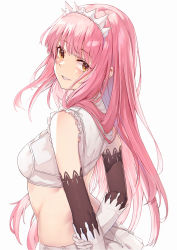 Rule 34 | 1girl, absurdres, arms behind back, bra, breasts, elbow gloves, fate/grand order, fate (series), from side, gloves, highres, holding own arm, long hair, looking at viewer, medb (fate), midriff, miniskirt, parted lips, pink hair, shrug (clothing), skirt, small breasts, smile, solo, tiara, underwear, upper body, user gaxk2333, white background, white bra, white gloves, white skirt, yellow eyes