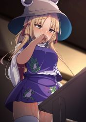 Rule 34 | absurdres, arm up, blonde hair, blush, breasts, brown hat, clothed masturbation, covering own mouth, crotch rub, darumoon, female masturbation, hand to own mouth, hat, highres, long hair, masturbation, masturbation through clothes, miniskirt, moriya suwako, panties, purple skirt, purple vest, pussy juice, pyonta, shirt, skirt, table, table humping, thighs, touhou, underwear, vest, white panties, white shirt, wide sleeves, yellow eye