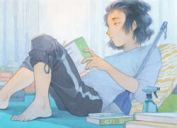 Rule 34 | 1girl, barefoot, black hair, black pants, book, bottle, broom, curtains, expressionless, foot out of frame, grey shirt, indoors, kan0nakan0, open book, original, pants, pillow, profile, reading, shirt, short hair, solo, spray bottle