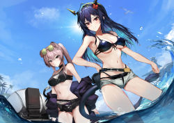 Rule 34 | 3girls, absurdres, animal ears, arknights, bikini, bird, black bikini, blue hair, blue sky, blush, breasts, ch&#039;en (arknights), ch&#039;en the holungday (arknights), ch&#039;en the holungday (elite ii) (arknights), cowboy shot, dragon girl, dragon horns, dragon tail, dutch angle, eyewear on head, flower, hair between eyes, hair flower, hair ornament, hand on own hip, highres, horns, jacket, lancet-2 (arknights), large breasts, lin (arknights), long hair, looking at viewer, micro shorts, molyb, mouse ears, multiple girls, navel, off shoulder, official alternate costume, outdoors, palm tree, pink eyes, pink hair, ponytail, purple jacket, red eyes, red flower, robot, shorts, sky, smile, stomach, sun, sunglasses, swimsuit, tail, tree, wading, water, waves, white shorts