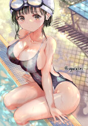 Rule 34 | 1girl, absurdres, ass, bench, black hair, black one-piece swimsuit, breasts, brown eyes, cleavage, collarbone, competition swimsuit, goggles, goggles on head, highres, large breasts, long hair, mole, mole under eye, ogata tei, one-piece swimsuit, original, poolside, soaking feet, solo, swim cap, swimsuit, twitter username, two-tone swimsuit