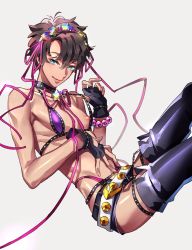 Rule 34 | 1boy, bare shoulders, bb (fate), bb (swimsuit mooncancer) (second ascension) (fate), belt, bikini, black choker, black footwear, black gloves, black shorts, blue eyes, boots, bracelet, brown hair, choker, closed mouth, cosplay, crossdressing, fate/grand order, fate (series), fingerless gloves, from side, fujimaru ritsuka (male), gloves, grey background, hairband, hand up, highres, jewelry, looking at viewer, male focus, micro shorts, nipples, pearl bracelet, purple bikini, saint quartz (fate), seductive smile, short shorts, shorts, simple background, smile, solo, swimsuit, tenobe, thigh boots, thighhighs