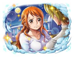 Rule 34 | 1boy, 1girl, blonde hair, brown eyes, crying, crying with eyes open, full moon, long hair, moon, nami (one piece), official art, one piece, one piece treasure cruise, orange hair, sanji (one piece), shirt, tears, white shirt