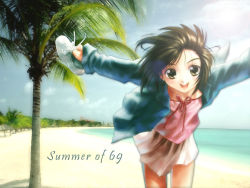 Rule 34 | 1girl, beach, brown eyes, brown hair, cowboy shot, english text, holding, holding shoes, looking at viewer, matching hair/eyes, ocean, open mouth, outstretched arms, palm tree, running, sand, shoes, unworn shoes, short hair, skirt, smile, solo, summer, tree, water