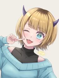 Rule 34 | 1girl, :3, black shirt, blonde hair, blue eyes, blue sweater, commentary, covered collarbone, demon horns, fang, gaerp4, grey background, highres, horns, long sleeves, looking at viewer, mem-cho, multicolored hair, nail polish, off shoulder, one eye closed, open mouth, oshi no ko, pink nails, pointing, pointing at self, roots (hair), shirt, short hair, simple background, sleeveless, sleeveless shirt, solo, sweater, upper body