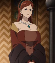 Rule 34 | 1girl,  greyrat, anime screenshot, bare shoulders, breasts, cleavage, collarbone, earrings, highres, hilda boreas greyrat, jewelry, large breasts, long hair, mature female, mushoku tensei, necklace, red hair, solo