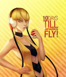 Rule 34 | 10s, 1girl, arieaesu, bare arms, bare shoulders, blonde hair, blue eyes, blunt bangs, choker, creatures (company), dress, elesa (pokemon), english text, game freak, gradient background, gym leader, hand on own hip, headphones, holding, holding poke ball, lips, looking at viewer, nintendo, parted lips, poke ball, pokemon, pokemon bw, realistic, short hair, sleeveless, sleeveless dress, solo, striped, striped background, upper body, very short hair