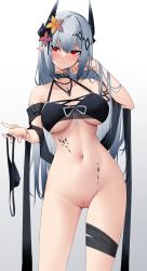 Rule 34 | 1girl, absurdres, arknights, arm up, armlet, bare shoulders, bikini, bikini top only, black bikini, black choker, blush, breasts, choker, cleavage, cleft of venus, closed mouth, collarbone, commentary, contrapposto, cowboy shot, demon horns, eyebrows hidden by hair, flower, groin, hair between eyes, hair flower, hair ornament, hand in own hair, hand up, highres, holding, horns, infection monitor (arknights), jewelry, large breasts, long hair, looking at viewer, material growth, mudrock (arknights), mudrock (silent night) (arknights), navel, necklace, official alternate costume, oripathy lesion (arknights), parted lips, pointy ears, pussy, red eyes, shawl, sidelocks, silver hair, simple background, solo, standing, stomach, sweatdrop, swimsuit, thigh strap, uncensored, underboob, unworn bikini bottom, very long hair, white background, yellow flower, z.taiga