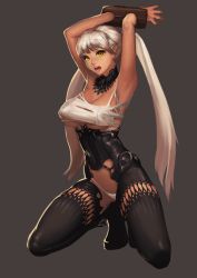 Rule 34 | 10s, 1girl, armpits, arms up, bdsm, black thighhighs, blade &amp; soul, bondage, bound, bound wrists, breasts, dark-skinned female, dark skin, elf, g-string, grey background, highres, instant ip, kneeling, large breasts, legs, long hair, panties, pointy ears, silver hair, simple background, solo, stocks, thighhighs, thighs, thong, twintails, underboob, underwear, white panties, yellow eyes