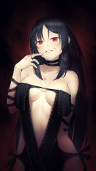 Rule 34 | 1girl, arm behind back, arm ribbon, bad id, bad pixiv id, bare hips, black background, black dress, black hair, black ribbon, blood, blood on face, breasts, choker, cleavage, collarbone, dress, fate/grand order, fate (series), grin, highres, long hair, looking at viewer, medium breasts, navel, nestea, red eyes, revealing clothes, ribbon, sleeveless, sleeveless dress, smile, solo, standing, strapless, strapless dress, very long hair, yu mei-ren (fate)