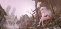 Rule 34 | 1girl, absurdres, ayaxno, barefoot, blue eyes, building, ender lilies quietus of the knights, highres, rain, white hair