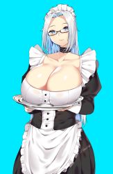 Rule 34 | 1girl, apron, arms under breasts, blue background, blue eyes, borrowed character, breasts, breasts on tray, choker, cleavage, closed mouth, collarbone, commission, dress, frills, glasses, highres, holding, holding tray, huge breasts, j.moon, long hair, looking at viewer, maid, maid headdress, original, sidelocks, silver hair, smile, standing, tray, waist apron