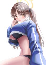 Rule 34 | 1girl, absurdres, bikini, black bikini, blue archive, blue shirt, blush, breasts, brown hair, cleavage, cropped shirt, halo, highres, large breasts, long hair, long sleeves, looking at viewer, moe (blue archive), moe (swimsuit) (blue archive), navel, official alternate costume, shira jun, shirt, simple background, smile, solo, swimsuit, twintails, very long hair, white background