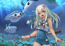 Rule 34 | 10s, 1girl, :d, blush, coral, covered navel, creatures (company), crossover, flower, game freak, gen 2 pokemon, gen 4 pokemon, hair flower, hair ornament, japanese flag, kantai collection, long hair, mantine, mantyke, nintendo, one-piece swimsuit, open mouth, pokemon, pokemon (creature), remoraid, ro-500 (kancolle), school swimsuit, school uniform, seramikku, smile, swimsuit, swimsuit under clothes, tan, tanline, torpedo, underwear, white hair