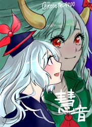 Rule 34 | 1girl, artist name, bad id, bad pixiv id, bow, character name, dual persona, ex-keine, green hair, hat, horn ornament, horn ribbon, horns, kamishirasawa keine, long hair, open mouth, red eyes, ribbon, rosette (roze-ko), silver hair, smile, touhou
