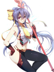 Rule 34 | 1girl, antenna hair, ass, bare shoulders, blazblue, blazblue: central fiction, blazblue variable heart, blue hair, blush, bow, breasts, cowboy shot, covered erect nipples, fingerless gloves, genderswap, genderswap (mtf), gloves, hair between eyes, hair bow, hip vent, holding, holding weapon, large breasts, long hair, looking at viewer, looking to the side, lowleg, lowleg pants, mai natsume, navel, necktie, pants, ponytail, purple eyes, red eyes, sidelocks, skin tight, smile, solo, staff, very long hair, weapon, yellow bow, yuuki makoto (radiant)