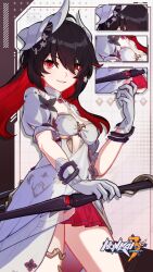 Rule 34 | 1girl, black hair, breasts, commentary, dress, english commentary, evil smile, gloves, highres, holding, holding scythe, holding weapon, honkai (series), honkai impact 3rd, logo, official alternate costume, official art, official wallpaper, parted lips, red eyes, red hair, scythe, seele (alter ego), seele vollerei, seele vollerei (starchasm nyx), small breasts, smile, solo, upper body, weapon, white dress, white gloves, white headwear