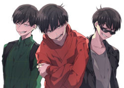 Rule 34 | 10s, 3boys, backpack, bag, black hair, brothers, crossed arms, daenarys, flannel, grin, hood, hoodie, jacket, looking at viewer, lying, male focus, matsuno choromatsu, matsuno karamatsu, matsuno osomatsu, multiple boys, on side, open clothes, open jacket, osomatsu-kun, osomatsu-san, osomatsu (series), sanpaku, siblings, smile, smirk, sunglasses, swept bangs, upper body, white background