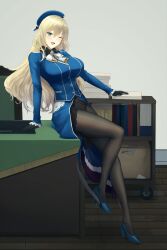 Rule 34 | 1girl, absurdres, against table, arm support, atago (kancolle), beret, black gloves, blonde hair, blue footwear, blue hat, blush, breasts, full body, gloves, green eyes, hat, high heels, highres, kantai collection, large breasts, leaning back, long hair, looking at viewer, military uniform, odachu, one eye closed, open mouth, panties, panties under pantyhose, pantyhose, skirt, smile, solo, underwear, uniform