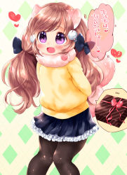 Rule 34 | 1girl, :d, animal ears, arms behind back, bad id, bad pixiv id, black pantyhose, blush, bow, box, brown hair, gift, gift box, hair bow, highres, long hair, mutou mato, open mouth, original, pantyhose, purple eyes, skirt, smile, solo, spoken object, translation request, valentine