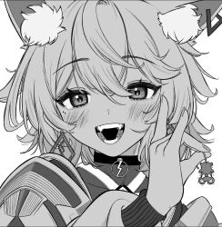 Rule 34 | 1girl, alzcats, animal ear fluff, animal ears, armor, blush, cevio, coko (cevio), commentary, diamond earrings, earrings, fangs, fox ears, fox girl, fox shadow puppet, greyscale, half-closed eyes, hand up, holding another&#039;s tail, jewelry, kamitsubaki studio, long sleeves, looking at viewer, medium hair, messy hair, mole, mole under eye, monochrome, mouse (animal), open mouth, pauldrons, pendant choker, portrait, puffy long sleeves, puffy sleeves, raised eyebrows, shoulder armor, simple background, sleeve cuffs, smile, solo, tail, teeth