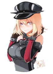 Rule 34 | 10s, 1girl, absurdres, alternate hair length, alternate hairstyle, anchor hair ornament, bismarck (kancolle), blonde hair, blue eyes, breasts, commentary, dated, detached sleeves, essa sazhka, eyes visible through hair, hair between eyes, hair ornament, hat, highres, kantai collection, large breasts, light smile, military, military hat, military uniform, peaked cap, short hair, smile, solo, uniform, upper body