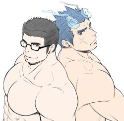 Rule 34 | 2boys, abs, back-to-back, bara, black hair, blue eyes, blue hair, completely nude, fiery horns, highres, horns, large pectorals, male focus, motoori shiro, multiple boys, muscular, no nipples, nude, pectorals, porkjinta, sakimori toji, short hair, simple background, smile, thick eyebrows, tokyo houkago summoners, topless male, upper body