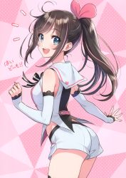 Rule 34 | 1girl, absurdres, aqua eyes, arched back, ass, bare shoulders, blue eyes, blush, breasts, brown hair, cowboy shot, detached sleeves, from behind, hair between eyes, highres, kizuna ai, kizuna ai inc., lace, lace-trimmed legwear, lace trim, lips, long hair, looking at viewer, looking back, medium breasts, midriff peek, morikura en, multicolored hair, official art, open mouth, page number, pink hair, polka dot, polka dot background, ponytail, round teeth, scan, short shorts, shorts, sidelocks, simple background, smile, solo, standing, teeth, thighhighs, thighs, twitter username, virtual youtuber