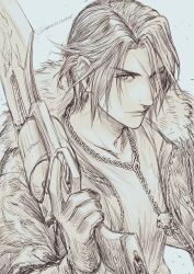 Rule 34 | 1boy, chain, chain necklace, closed mouth, final fantasy, final fantasy viii, finger on trigger, fur-trimmed jacket, fur trim, gloves, gunblade, highres, holding, holding weapon, jacket, jewelry, looking at viewer, male focus, necklace, noie (neunteedelstein), parted bangs, portrait, scar, scar on face, scar on forehead, shirt, short hair, sketch, solo, squall leonhart, twitter username, upper body, weapon
