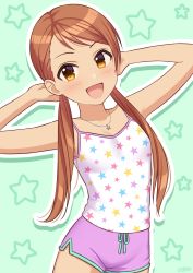 Rule 34 | aged down, arms behind head, blush, brown hair, camisole, collarbone, commentary request, dolphin shorts, eyebrows, flat chest, green background, hands up, highres, hojo karen, idolmaster, idolmaster cinderella girls, jewelry, long sleeves, looking at viewer, low twintails, necklace, open mouth, pink shorts, shorts, smile, solo, star (symbol), star necklace, star print, thighs, twintails, wgm oekaki, white camisole, yellow eyes