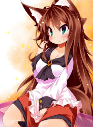 Rule 34 | 1girl, animal ears, blush, breasts, brown hair, cleavage, dress, fang, green eyes, highres, imaizumi kagerou, jewelry, koha, large breasts, long hair, long sleeves, solo, tail, touhou, wolf ears, wolf tail