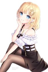 Rule 34 | 1girl, artist name, bare shoulders, black skirt, blonde hair, blue eyes, brown pantyhose, earrings, feet out of frame, hair ornament, hairclip, hand up, heart, heart earrings, highres, hololive, hololive english, jewelry, knee up, looking at viewer, nami (nyaa), o-ring, off-shoulder shirt, off shoulder, pantyhose, pixiv username, pleated skirt, puffy short sleeves, puffy sleeves, shirt, short sleeves, simple background, sitting, skirt, smile, solo, suspender skirt, suspenders, twitter username, virtual youtuber, watson amelia, watson amelia (street casual), white background, white shirt
