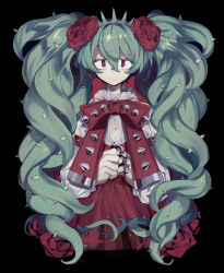Rule 34 | 1girl, :&lt;, absurdres, bow, bowtie, brass knuckles, drill hair, flower, green hair, higa423, highres, looking at viewer, original, plant, red bow, red bowtie, red eyes, red flower, red rose, red skirt, rose, shirt, skirt, slit pupils, spikes, sweatdrop, thorns, twin drills, vines, weapon, white shirt