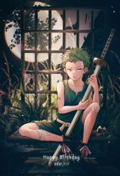 Rule 34 | 1boy, absurdres, aged down, bandaged leg, bandages, child, dated, fence, frown, full body, full moon, green hair, green tank top, happy birthday, highres, holding, holding sword, holding weapon, looking at viewer, male focus, moon, one piece, roronoa zoro, sheath, sheathed, short hair, sideburns, solo, sword, tank top, weapon, zsradc (kino modo)