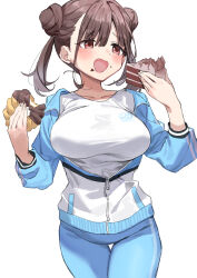 Rule 34 | 1girl, absurdres, blush, breasts, brown hair, cake, cake slice, chocolate cake, collarbone, cowboy shot, double bun, doughnut, food, food on face, hair bun, haruyuki (gffewuoutgblubh), highres, holding, holding food, idolmaster, idolmaster shiny colors, jacket, large breasts, logo, pants, partially unzipped, simple background, solo, sonoda chiyoko, thigh gap, track jacket, track pants, twintails, white background