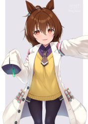Rule 34 | 1girl, absurdres, agnes tachyon (umamusume), ahoge, animal ears, black pantyhose, brown hair, collared shirt, commentary request, grey background, hair between eyes, highres, horse ears, lab coat, long sleeves, looking at viewer, ochinsama, open clothes, pantyhose, parted lips, purple shirt, red eyes, shirt, signature, sleeves past fingers, sleeves past wrists, smile, solo, sweater vest, twitter username, two-tone background, umamusume, vial, white background