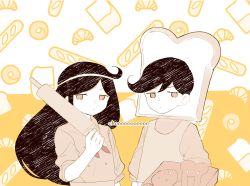 Rule 34 | 1boy, 1girl, aroma ga umaize, bagel, baguette, black hair, bowen (omori), bread, bread slice, brother and sister, chef, croissant, daphne (omori), expressionless, food, headband, highres, holding, long hair, muffin, omori, siblings, skirt, standing, twins, upper body, yellow background, yellow eyes