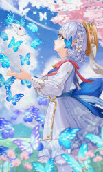 Rule 34 | 1girl, absurdres, ajino (ajtm 7878), artist name, ayaka (genshin impact), back bow, blue bow, blue eyes, blue hair, blue sky, blunt bangs, blunt tresses, bow, braid, bug, butterfly, butterfly hair ornament, cherry blossoms, cloud, commentary request, dress, flower, from side, genshin impact, hair flower, hair ornament, hat, hat flower, hat ribbon, highres, insect, kamisato ayaka, kamisato ayaka (springbloom missive), letter, light blue hair, long sleeves, looking away, mole, mole under eye, official alternate costume, official alternate hairstyle, parted lips, puffy long sleeves, puffy sleeves, ribbon, sky, solo, white dress, white ribbon