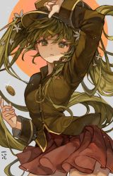 Rule 34 | 1925 (vocaloid), 1girl, arm up, bad id, bad twitter id, bare legs, black shirt, breast pocket, buttons, coin, cowboy shot, flower, glint, green eyes, green hair, grey background, hair flower, hair ornament, hat, hatsune miku, highres, long hair, long sleeves, ofgwr, parted lips, peaked cap, pleated skirt, pocket, pocket watch, red skirt, shadow, shirt, simple background, skirt, solo, twintails, very long hair, vocaloid, watch