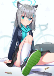 Rule 34 | absurdres, animal ear fluff, animal ears, arm support, bag, bicycle, blue archive, blue scarf, blush, bullet, convenient leg, hair ornament, halo, highres, knife, mismatched pupils, rindou ringdong, scarf, school bag, school uniform, shiroko (blue archive), shoes, sitting, x hair ornament