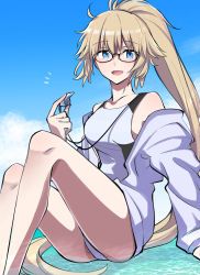 Rule 34 | 1girl, blonde hair, blue eyes, blush, breasts, collarbone, commentary request, competition swimsuit, day, fate/grand order, fate (series), glasses, hair between eyes, highleg, highleg swimsuit, highres, holding, holding whistle, jacket, jacket over swimsuit, jeanne d&#039;arc (fate), jeanne d&#039;arc (ruler) (fate), jeanne d&#039;arc (swimsuit archer) (fate), jeanne d&#039;arc (swimsuit archer) (second ascension) (fate), jewelry, long hair, looking at viewer, medium breasts, necklace, one-piece swimsuit, open clothes, open jacket, open mouth, ponytail, sitting, smile, solo, swimsuit, very long hair, water, whistle, whistle around neck, white jacket, white one-piece swimsuit, yuuma (u-ma)
