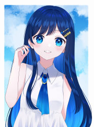 Rule 34 | 1girl, absurdres, arm behind back, blue eyes, blue hair, blue ribbon, blue sky, border, brooch, cevio, cloud, cloudy sky, collared dress, colored inner hair, commentary, dress, futaba minato, gradient ribbon, grin, hair behind ear, hair ornament, hair strand, hairclip, hand up, highres, jewelry, leaning to the side, light blush, long hair, looking at viewer, multicolored hair, neck ribbon, outside border, ribbon, rooibos, sky, sleeveless, sleeveless dress, smile, solo, swept bangs, upper body, white border, white dress