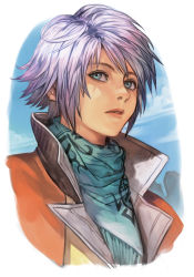 Rule 34 | 1boy, aqua eyes, aqua neckwear, cloud, final fantasy, final fantasy xiii, hope estheim, hungry clicker, jacket, looking to the side, neckwear request, orange jacket, outdoors, parted lips, scarf, short hair, solo, upper body, white hair