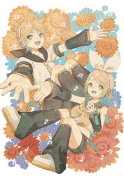 Rule 34 | 1boy, 1girl, bass clef, beamed eighth notes, beamed sixteenth notes, blonde hair, blue eyes, bow, commentary, crypton future media, detached sleeves, eighth note, flower, hair bow, headset, highres, kagamine len, kagamine rin, leg warmers, musical note, necktie, orange flower, original-orange-610917, quarter note, sailor collar, short ponytail, shorts, symbol-only commentary, treble clef, vocaloid, white bow, white footwear