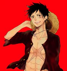 Rule 34 | 1boy, abs, color background, hand on headwear, hat, unworn headwear, male focus, monkey d. luffy, one piece, open clothes, open shirt, red background, scar, shirt, simple background, solo, stampede string, straw hat